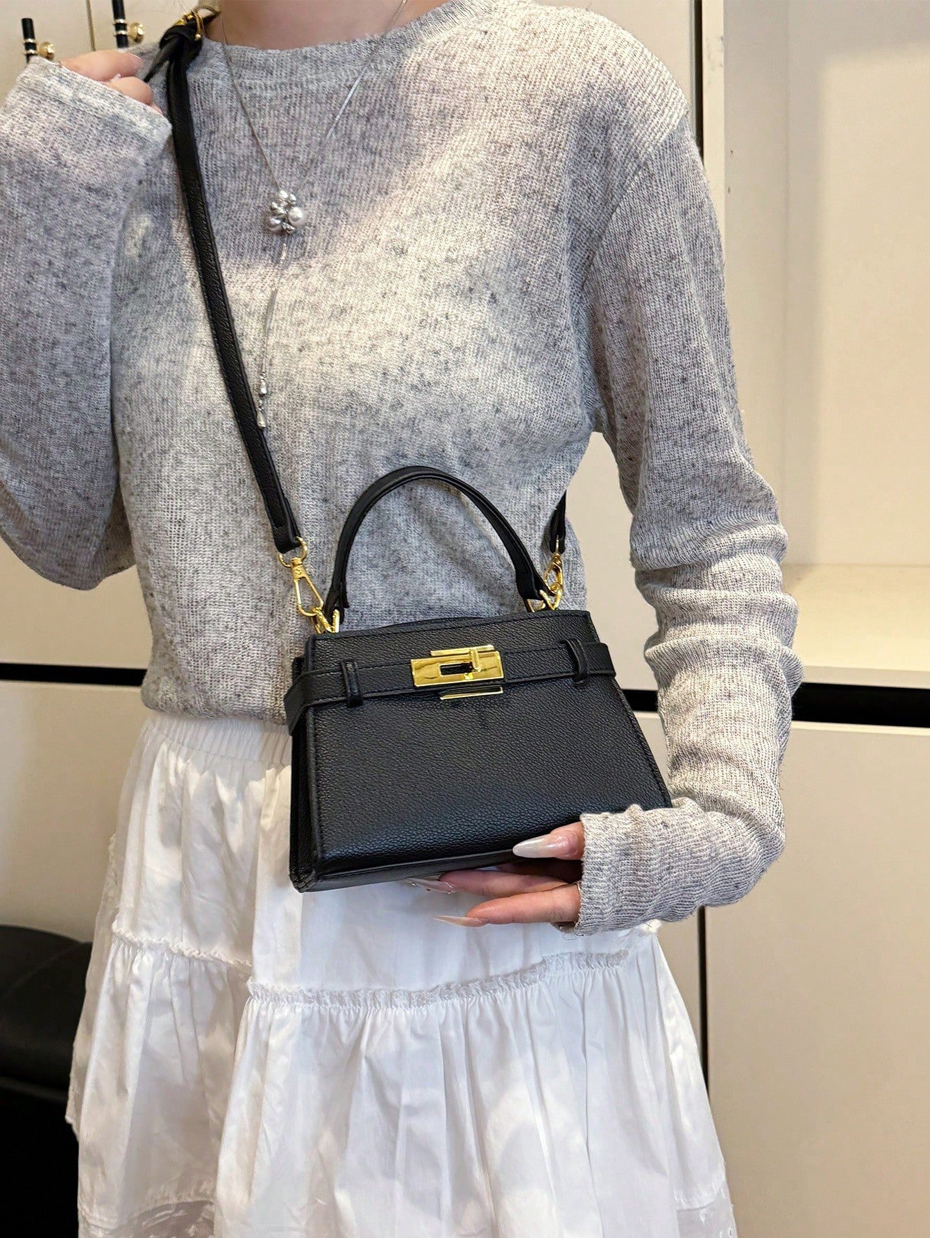 174935176632d49f215de6629d774eab18c2de6b69 Fashionable High-End Litchi Grain Women's Handbag, Minimalist Adjustable Shoulder Strap Shoulder/Crossbody Bag - Image 1