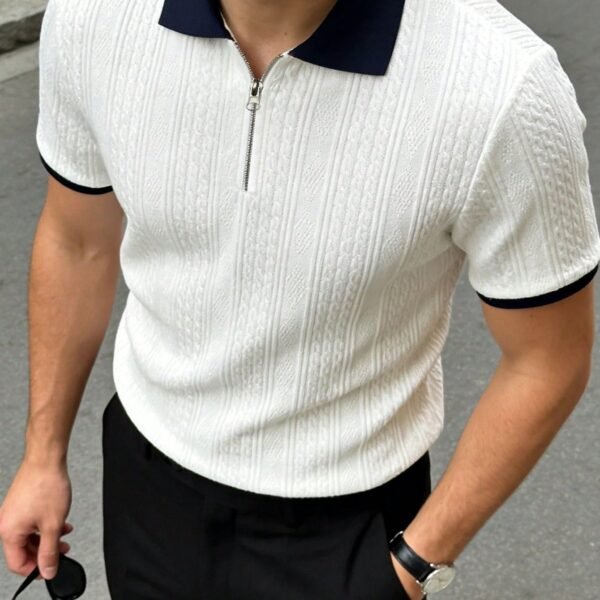 Men's Summer Jacquard Textured Contrast Color Half-Zip Polo Shirt, Casual Minimalist Urban Mature British Gentleman Style