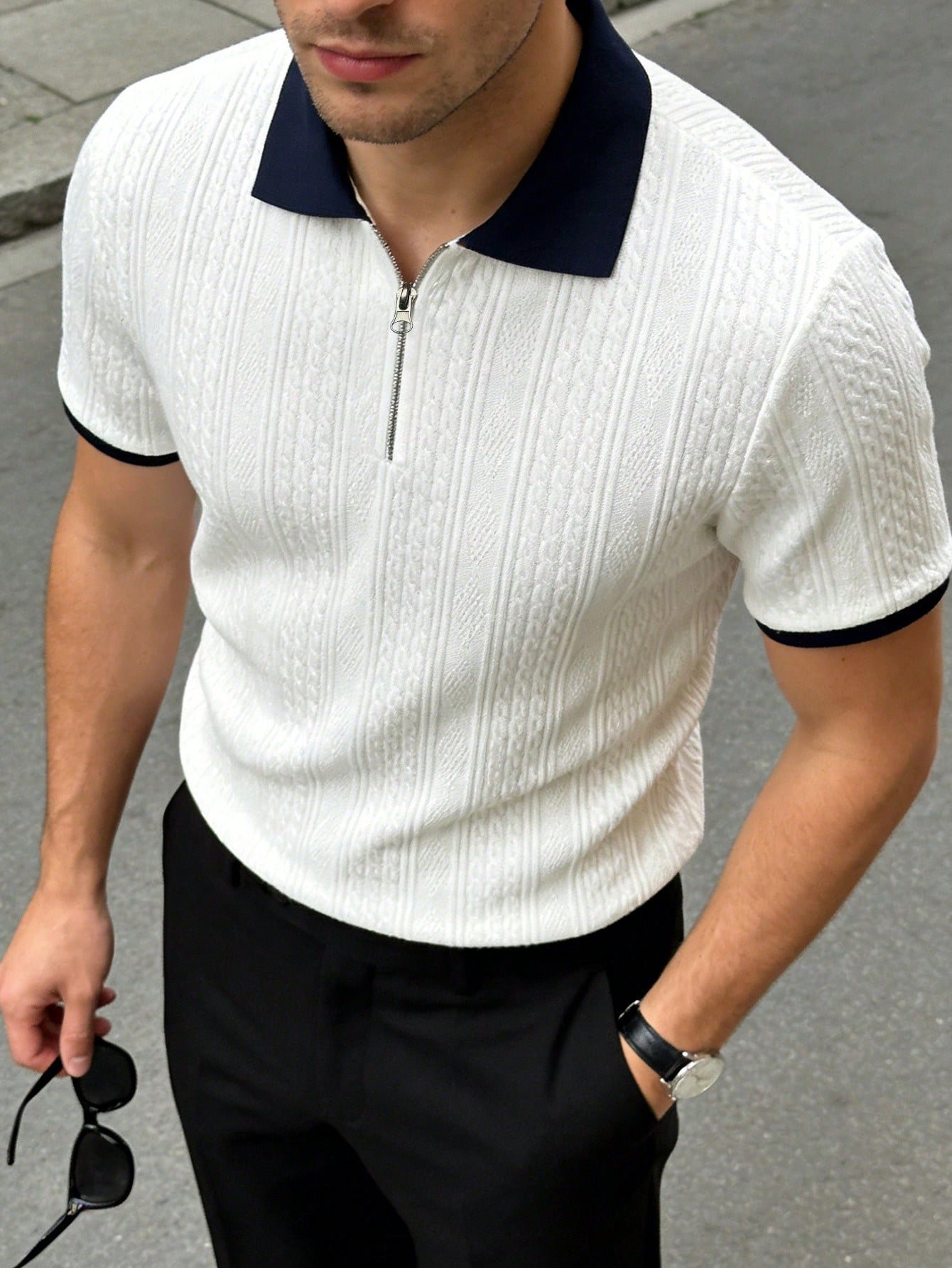 177466846922cf6dd32f8d29b879d232a17fd406ce Men's Summer Jacquard Textured Contrast Color Half-Zip Polo Shirt, Casual Minimalist Urban Mature British Gentleman Style - Image 1