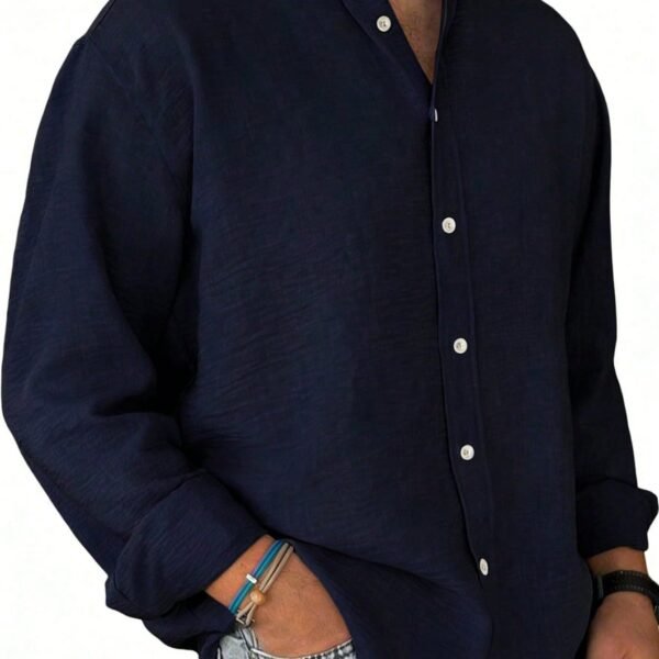 Men's Solid Blue Casual Long Sleeve Shirt, Outdoor Leisure Minimalist Fashion Shirt, Casual Top
