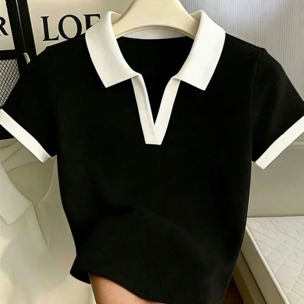 Women's Solid Color Polo Collar Fitted Short Sleeve T-Shirt