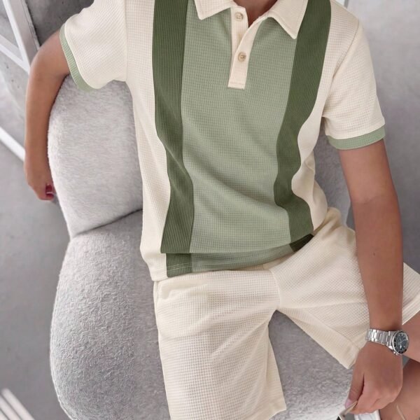 Tween Boy 2pcs Kids Casual Colorblock Patchwork Short Sleeve Polo And Elastic Waist Shorts Set, Suitable For Autumn, Spring, Summer, Outdoor Play, School, Street Style, Party And Home Leisure